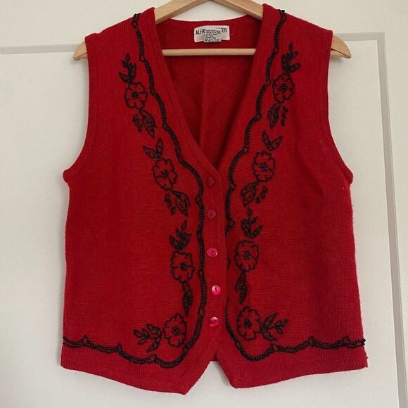 Alfred Dunner Wool Red Beaded Holliday Christmas Grandma Button Vest - Picture 4 of 8